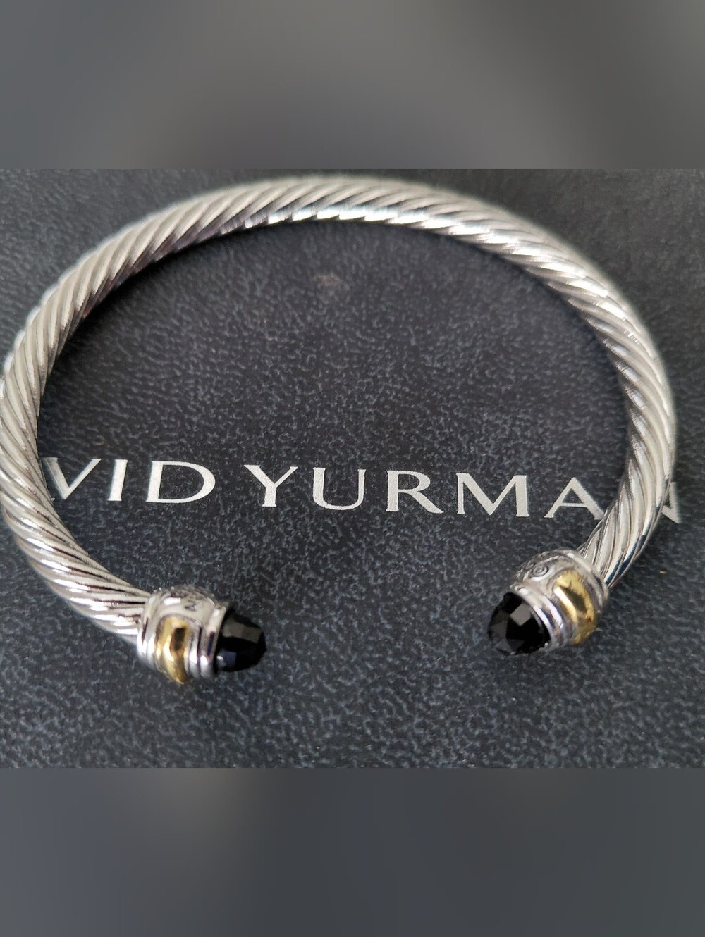 David Yurman 3mm  Silver Cable Bracelet with Black Onyx Ends